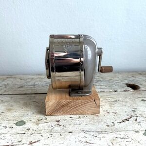 Vintage Boston KS Pencil Sharpener Manual Crank Multi Hole Wood Base Industrial